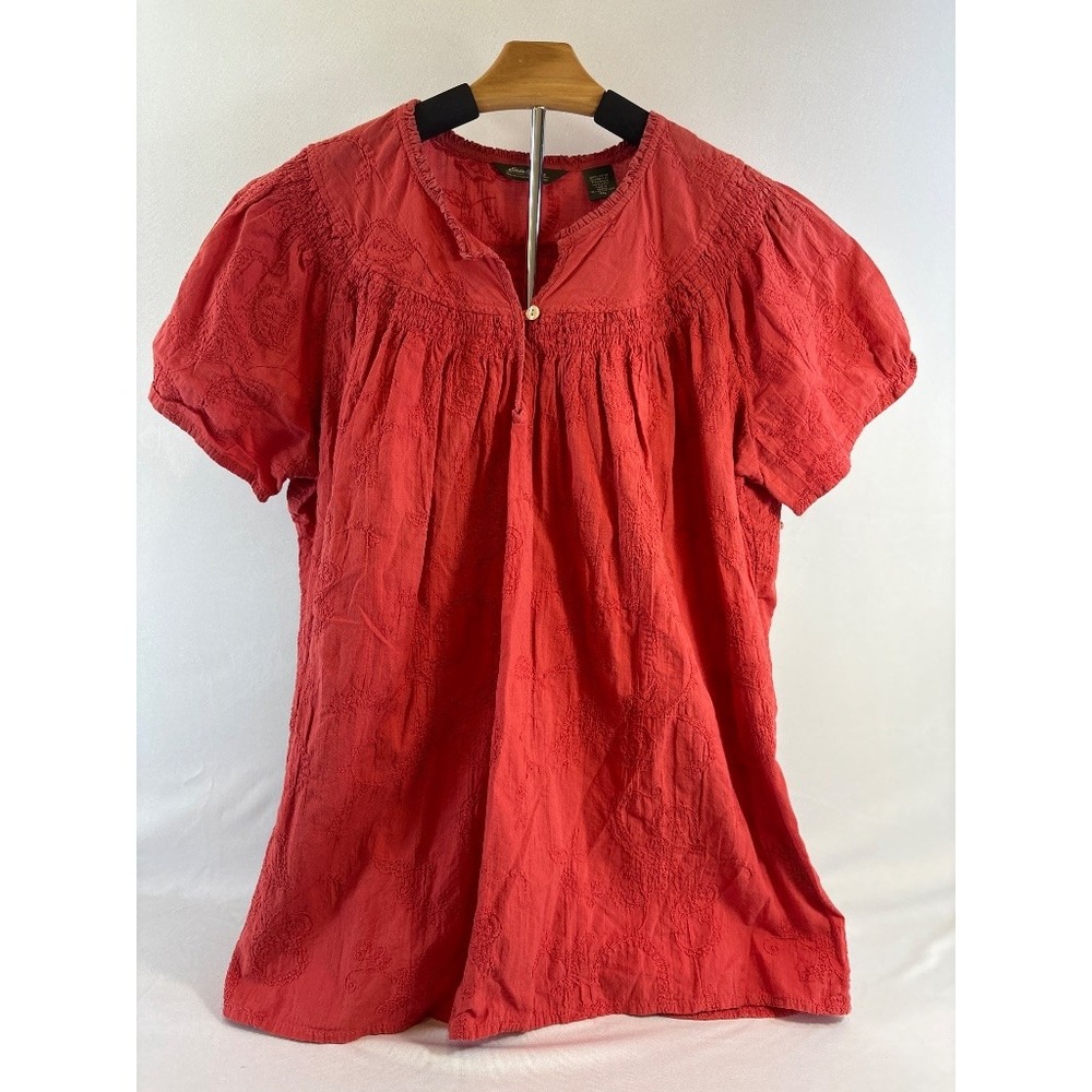 Eddie Bauer Coral Red Embroidered Smocked Boho Blouse Top XXL